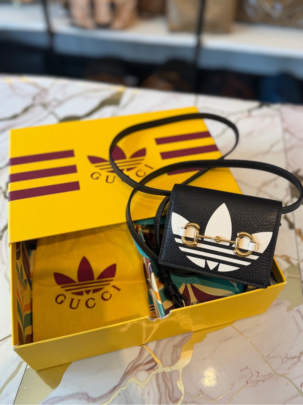 Gucci X Adidas Jackie Black Mini Crossbody with White Logo and Gold Hardware